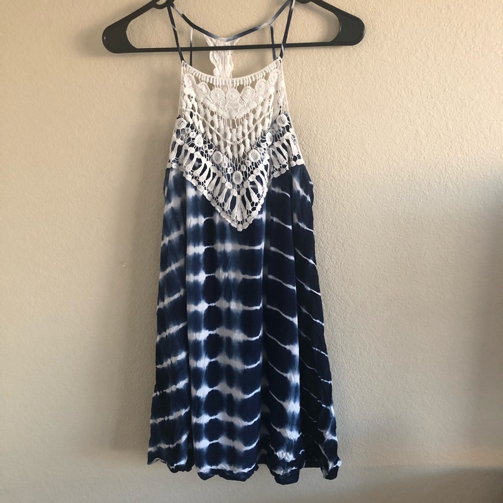Navy tie dyed dress with crochet lace detail